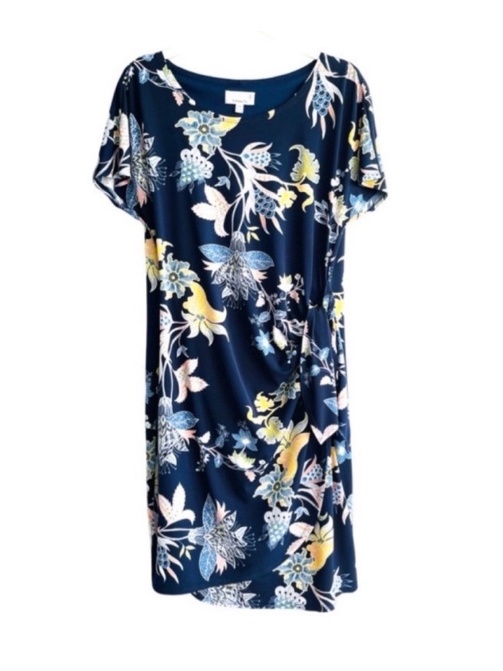 Robbie Bee Short Sleeve Dress Floral Faux Wrap Blue Multi Size MP